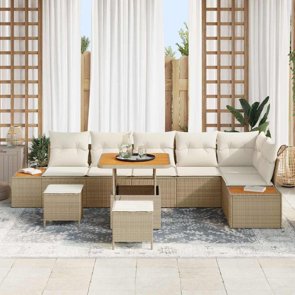Gartensofa-set mit Kissen mit Speicher 9 pcs Beige Poly Rattan