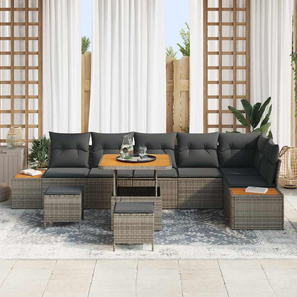Gartensofa-set mit Kissen mit Speicher 9 pcs Grau Poly Rattan