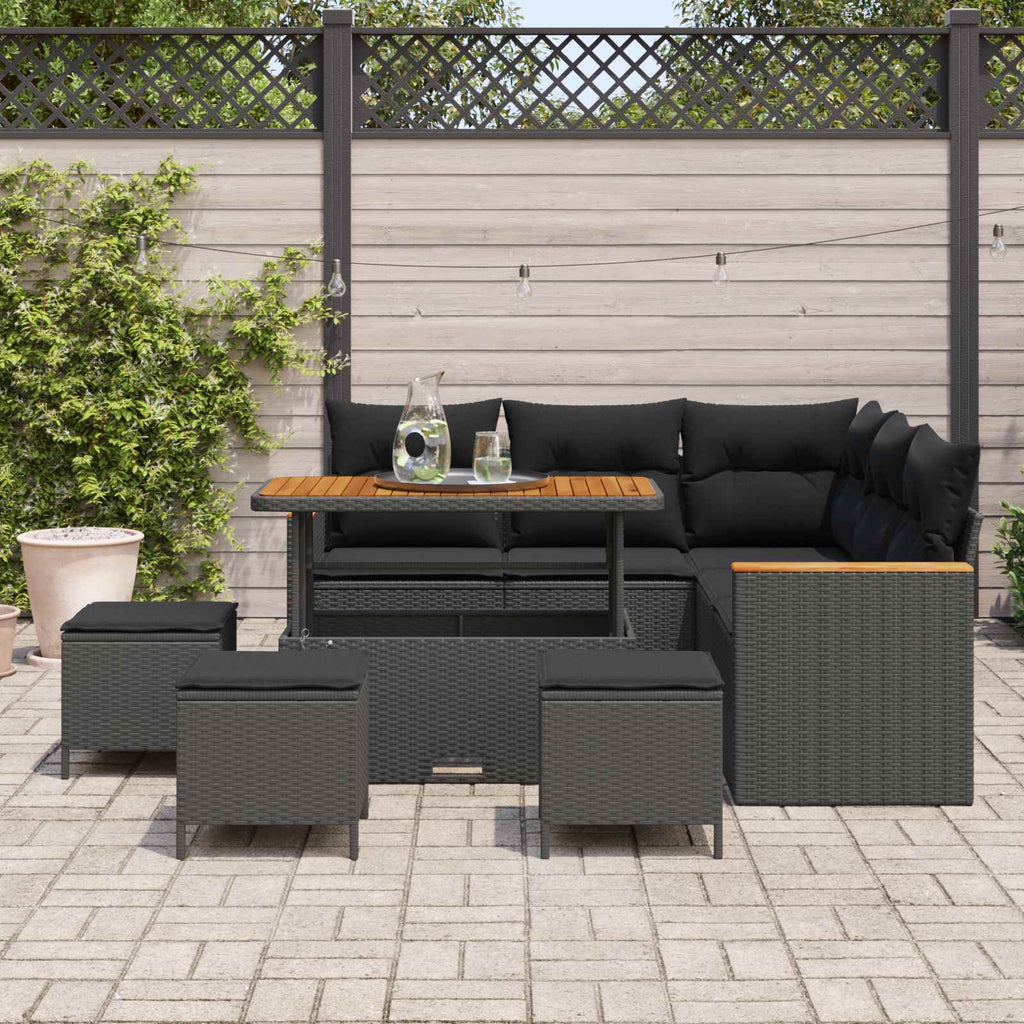 Garten-Sofa-Set mit Kissen mit Speicher Schwarz Poly Rattan