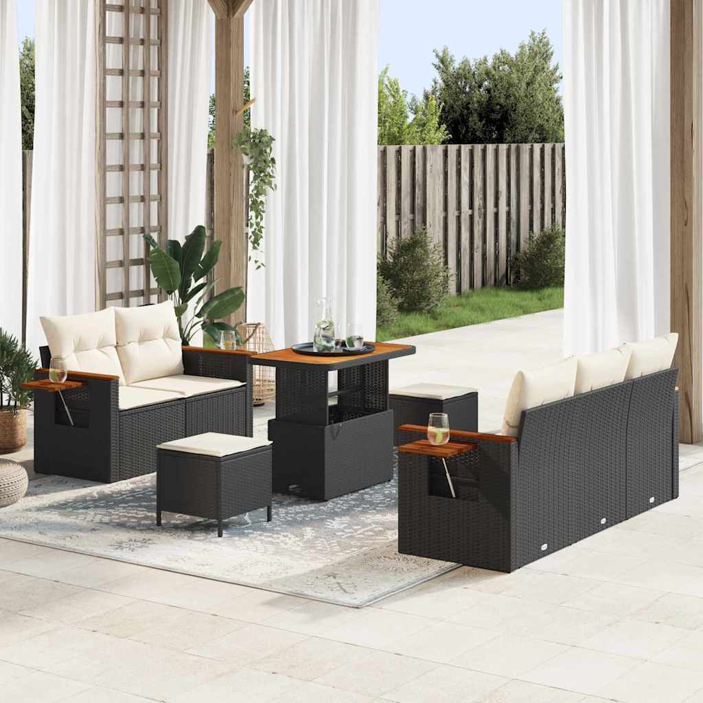 Gartensofa-set mit Kissen 10 pcs Schwarz und Creme Poly-Rattan