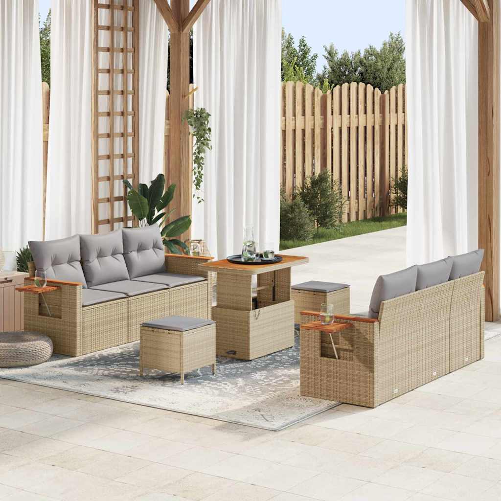Gartensofa-set mit Kissen 11 pcs Beige und Hellgrau Poly-Rattan