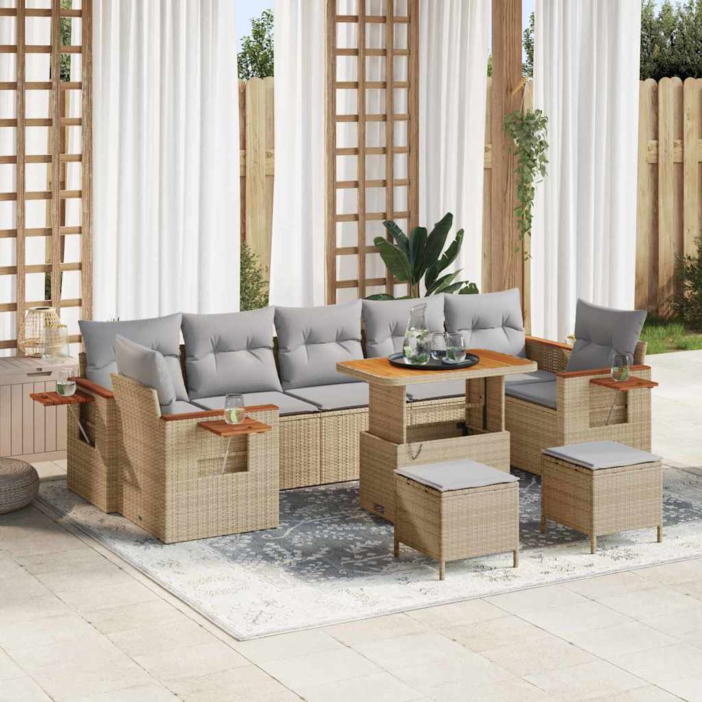 Gartensofa-set mit Kissen 13 pcs Beige und Hellgrau Poly-Rattan