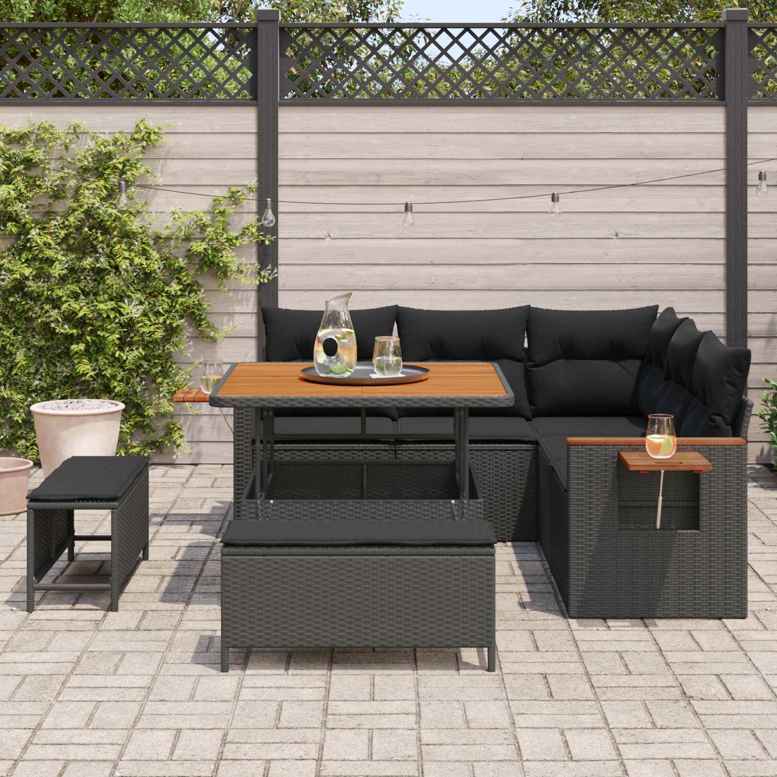 Gartensofa-set mit Kissen 9 pcs Schwarz Poly-Rattan