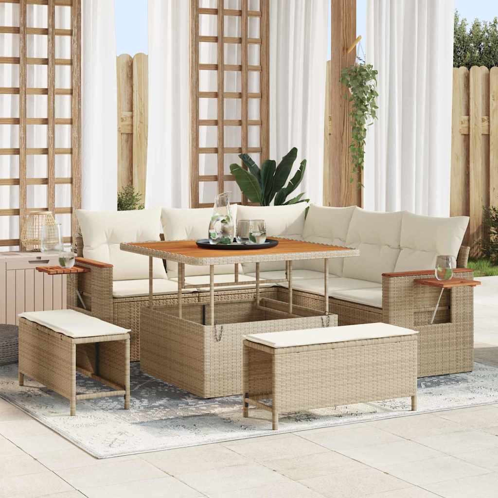 Gartensofa-set mit Kissen 9 pcs Beige und Creme Poly-Rattan