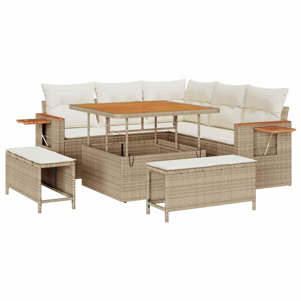 Gartensofa-set mit Kissen 9 pcs Beige und Creme Poly-Rattan