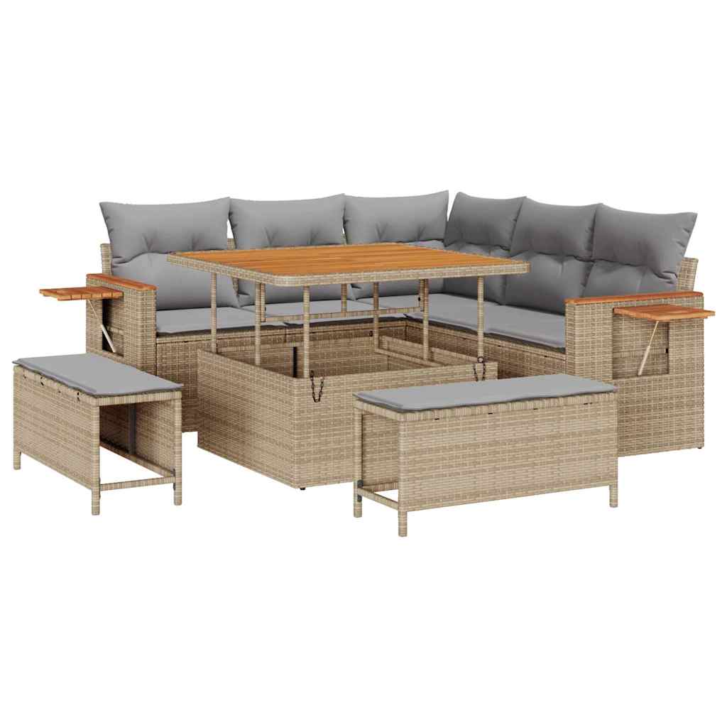 Gartensofa-set mit Kissen 9 pcs Beige und Hellgrau Poly-Rattan