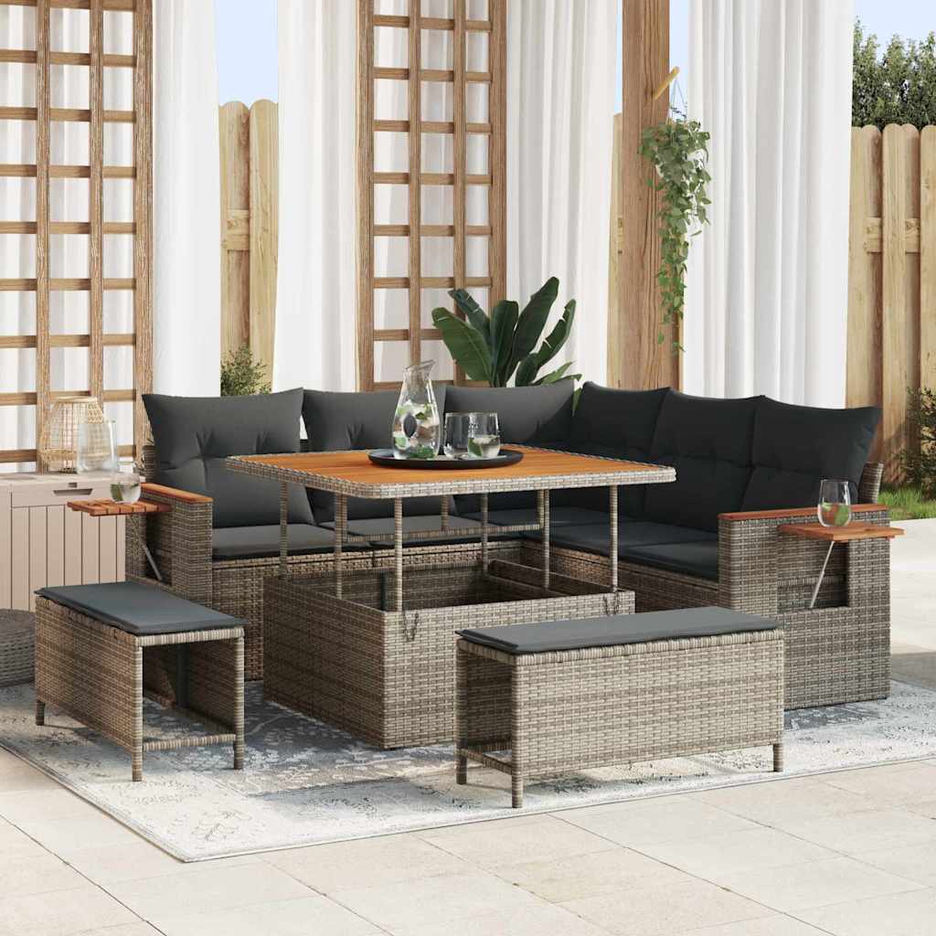 Gartensofa-set mit Kissen 9 pcs Grau Poly-Rattan