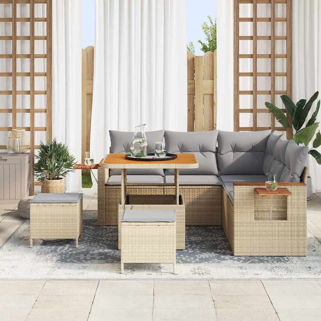 Gartensofa-set mit Kissen 9 pcs Beige und Hellgrau Poly-Rattan