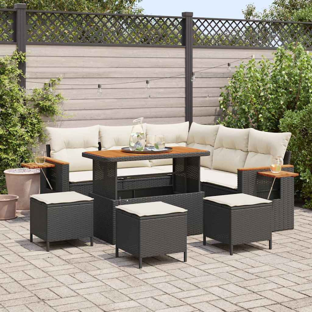 Gartensofa-set mit Kissen 10 pcs Schwarz und Creme Poly-Rattan