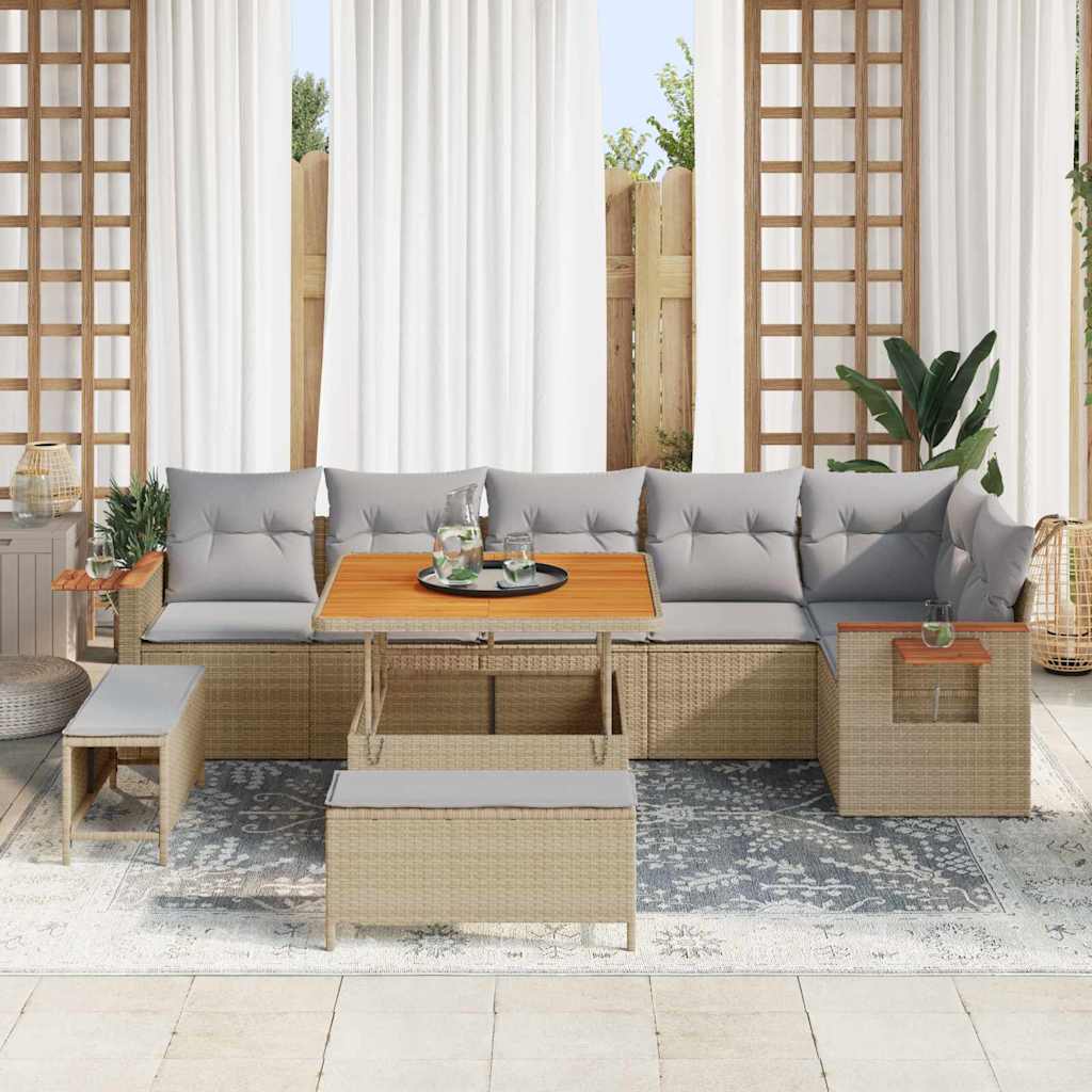 Gartensofa-set mit Kissen 11 pcs Beige und Hellgrau Poly-Rattan