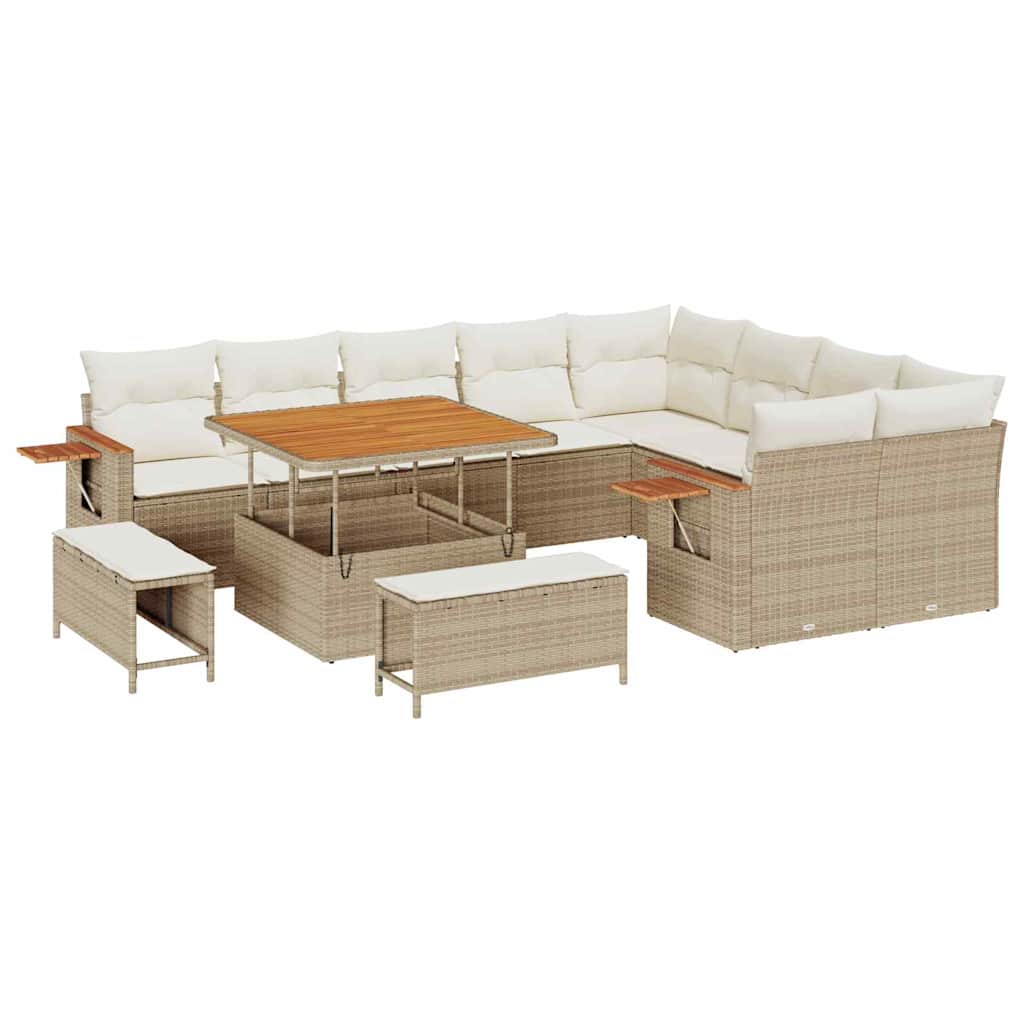 Gartensofa-set mit Kissen 13 pcs Beige und Creme Poly-Rattan