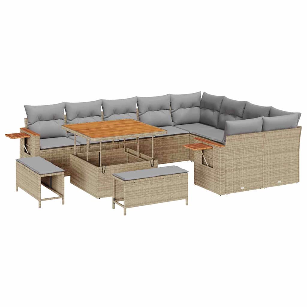 Gartensofa-set mit Kissen 13 pcs Beige und Hellgrau Poly-Rattan