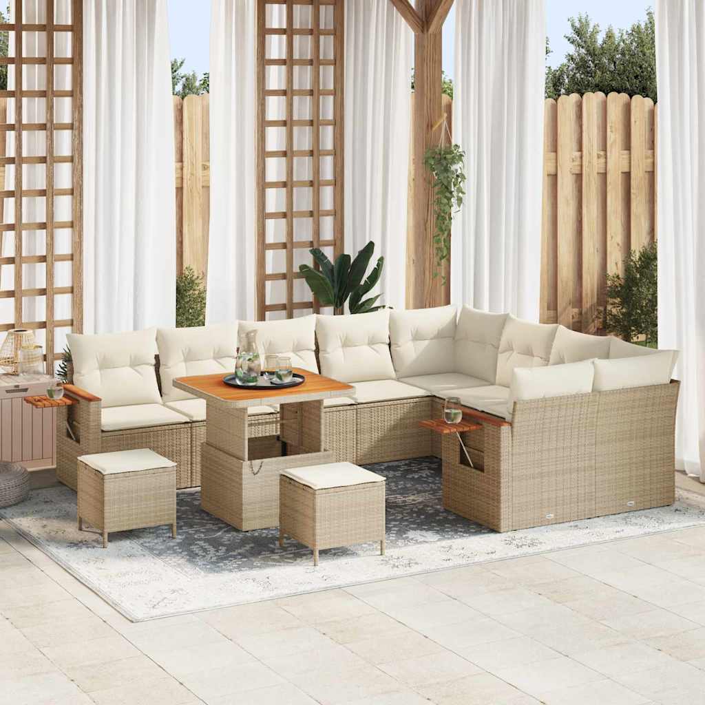 Gartensofa-set mit Kissen 13 pcs Beige und Creme Poly-Rattan