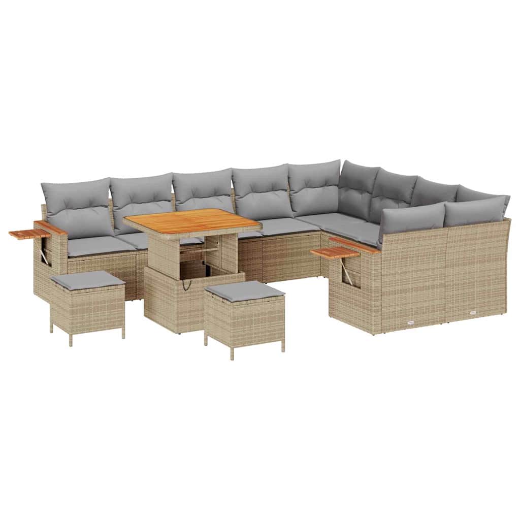 Gartensofa-set mit Kissen 13 pcs Beige und Hellgrau Poly-Rattan