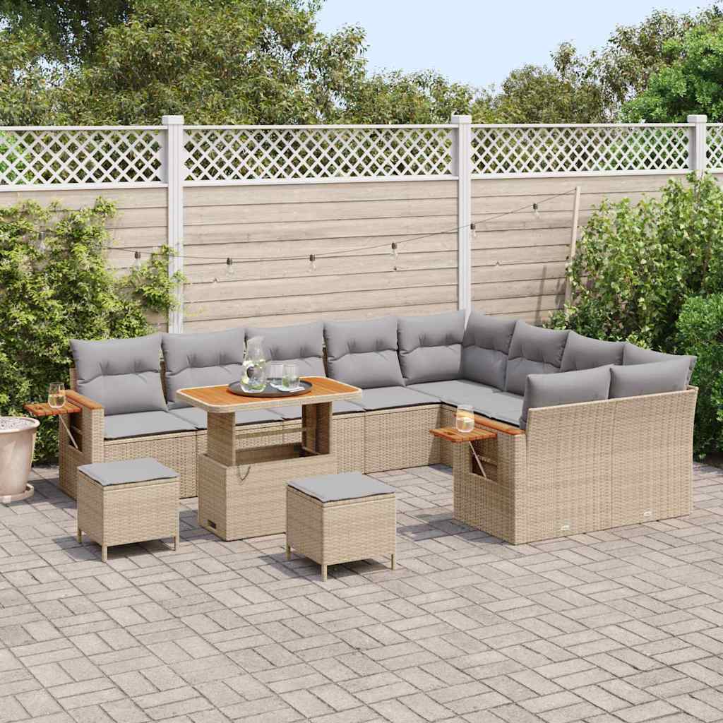 Gartensofa-set mit Kissen 13 pcs Beige und Hellgrau Poly-Rattan