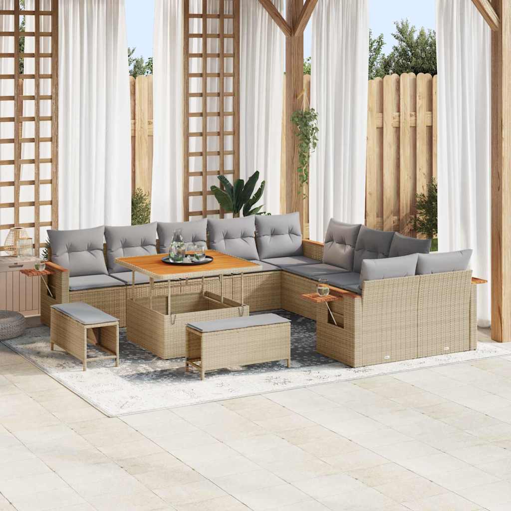 Gartensofa-set mit Kissen 17 pcs Beige und Hellgrau Poly-Rattan
