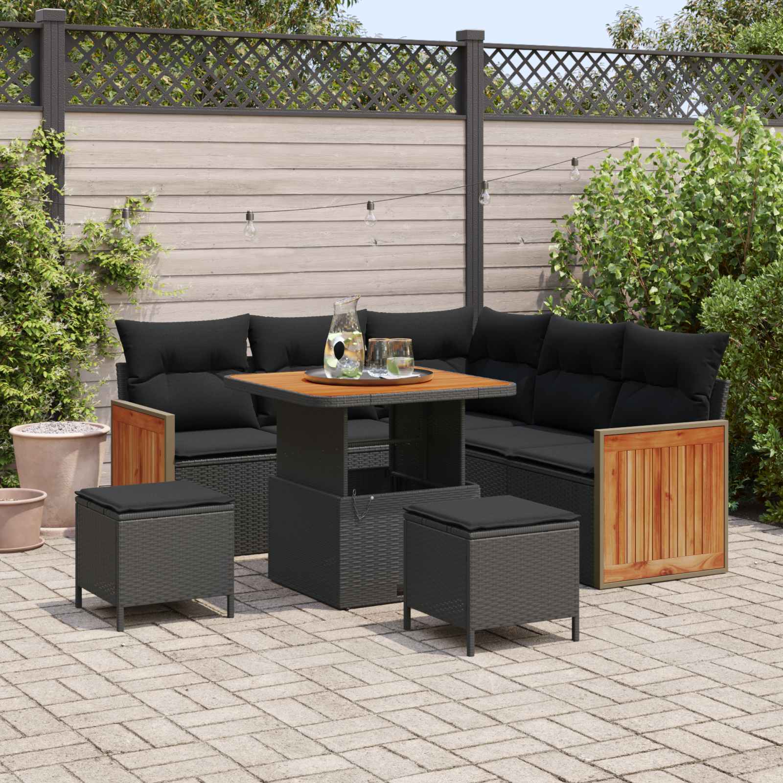 Gartensofa-set mit Kissen 9 pcs Schwarz Poly-Rattan