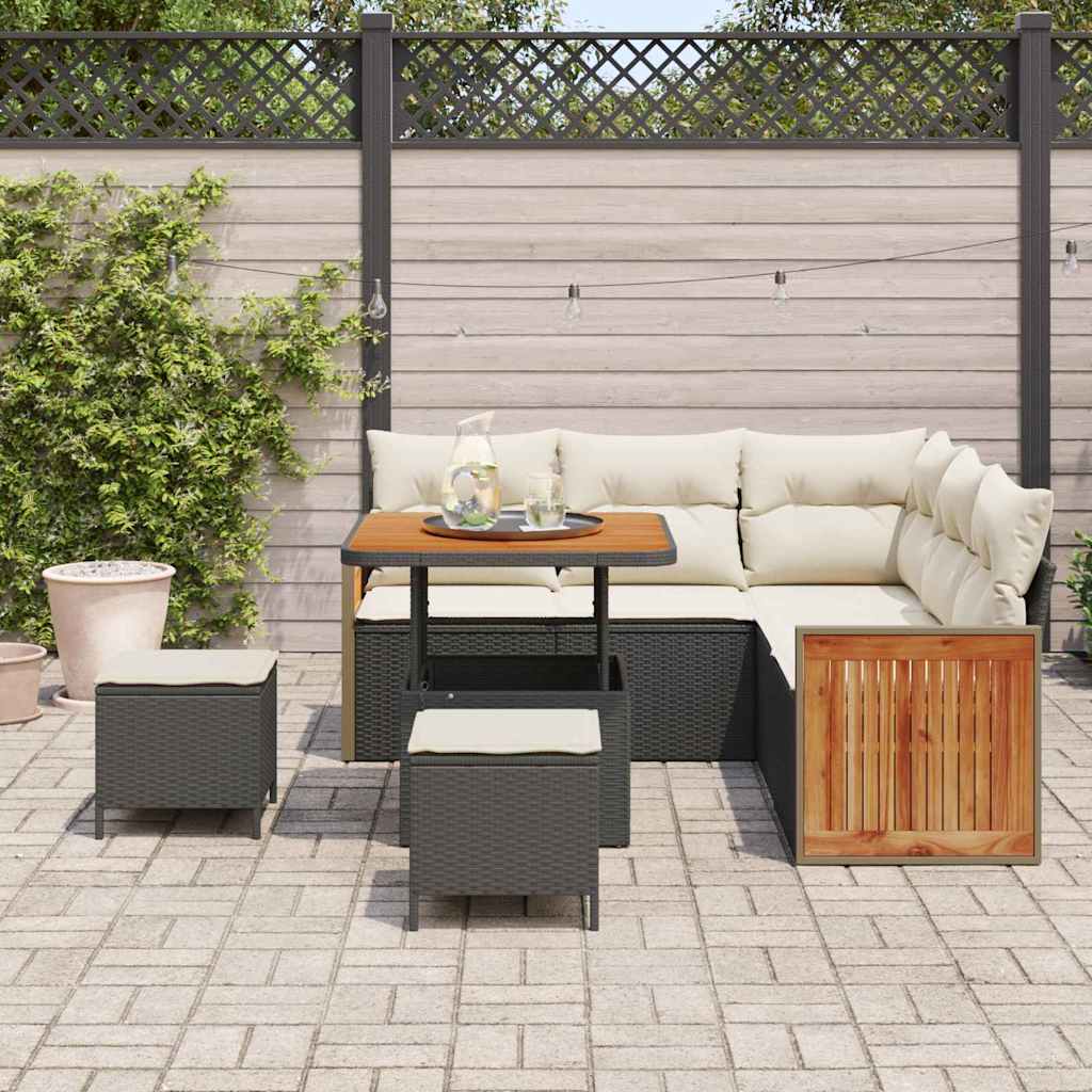 Gartensofa-set mit Kissen 9 pcs Schwarz und Creme Poly-Rattan