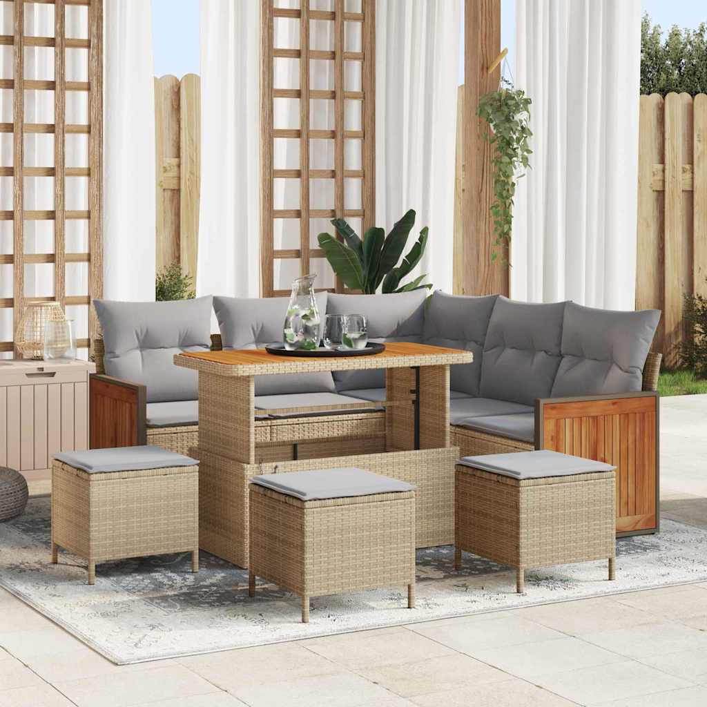 Gartensofa-set mit Kissen 9 pcs Beige und Hellgrau Poly-Rattan