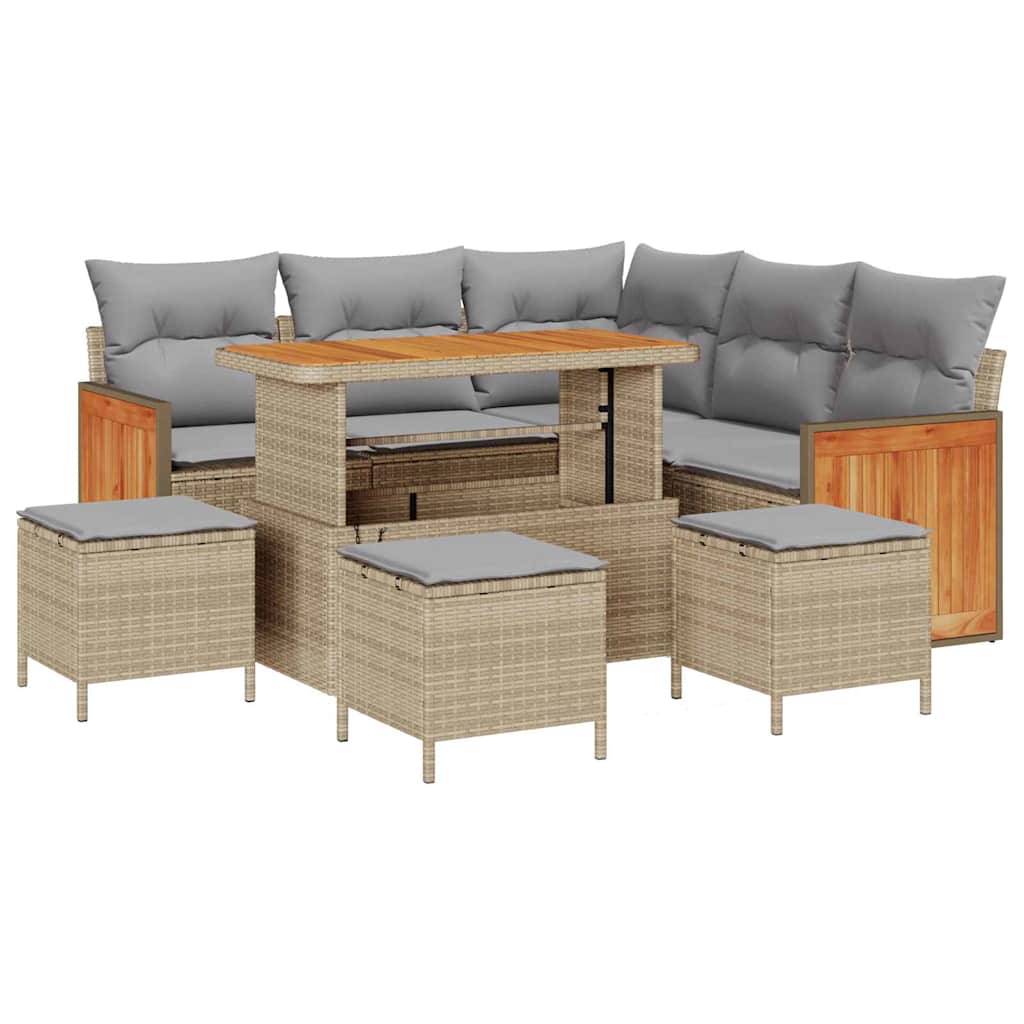 Gartensofa-set mit Kissen 9 pcs Beige und Hellgrau Poly-Rattan