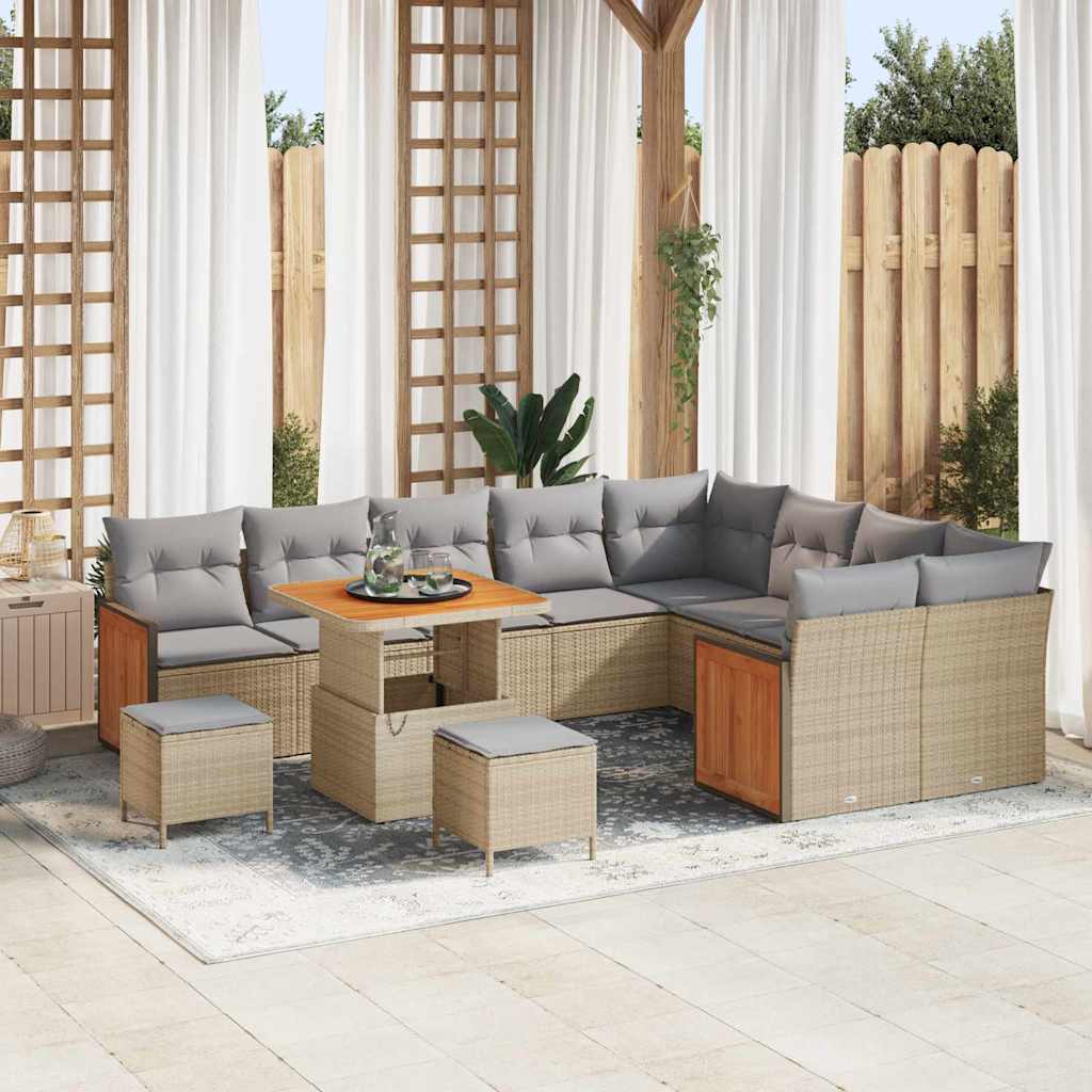 Gartensofa-set mit Kissen 13 pcs Beige und Hellgrau Poly-Rattan