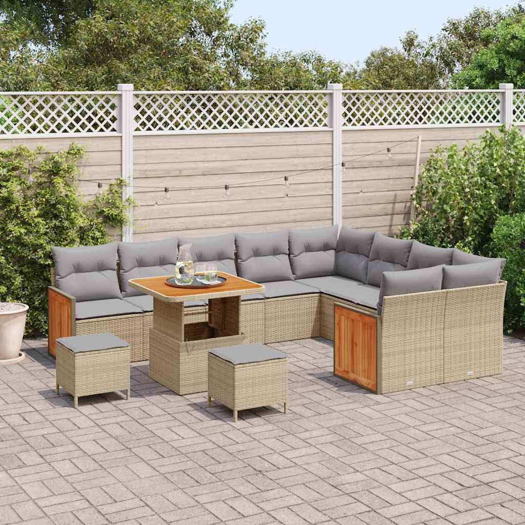 Gartensofa-set mit Kissen 13 pcs Beige und Hellgrau Poly-Rattan