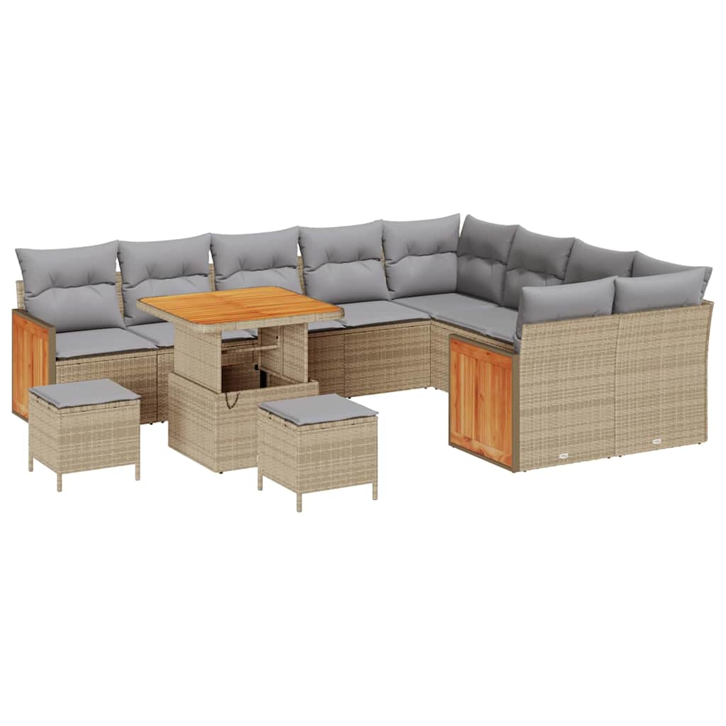 Gartensofa-set mit Kissen 13 pcs Beige und Hellgrau Poly-Rattan