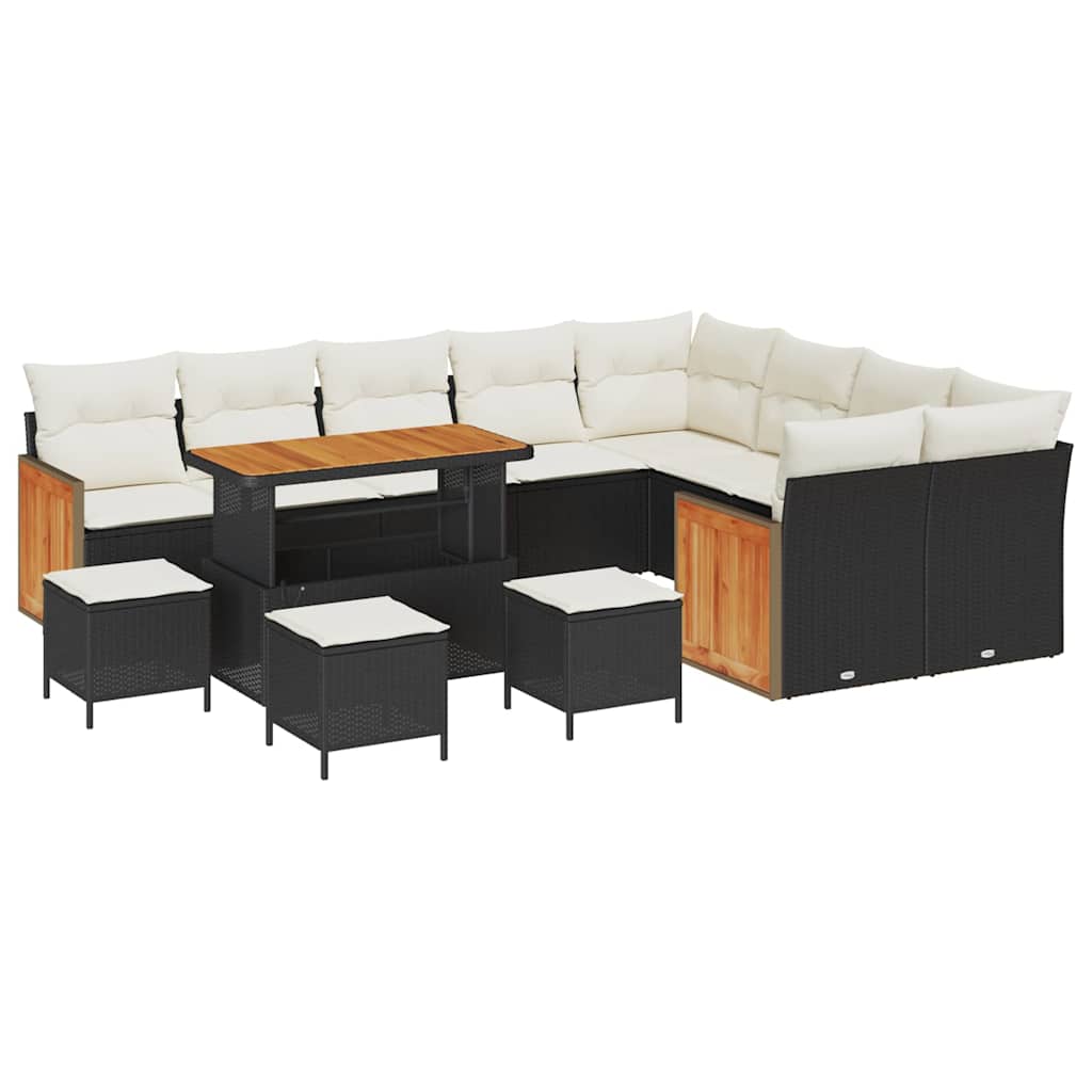 Gartensofa-set mit Kissen 14 pcs Schwarz und Creme Poly-Rattan