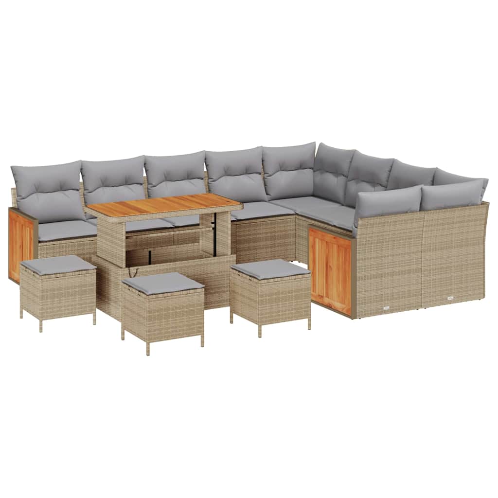 Gartensofa-set mit Kissen 14 pcs Beige und Hellgrau Poly-Rattan