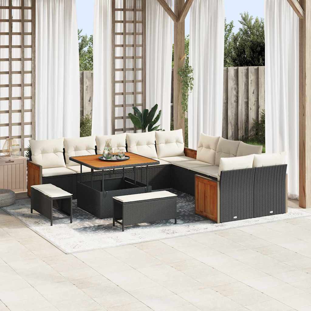 Gartensofa-set mit Kissen 17 pcs Schwarz und Creme Poly-Rattan