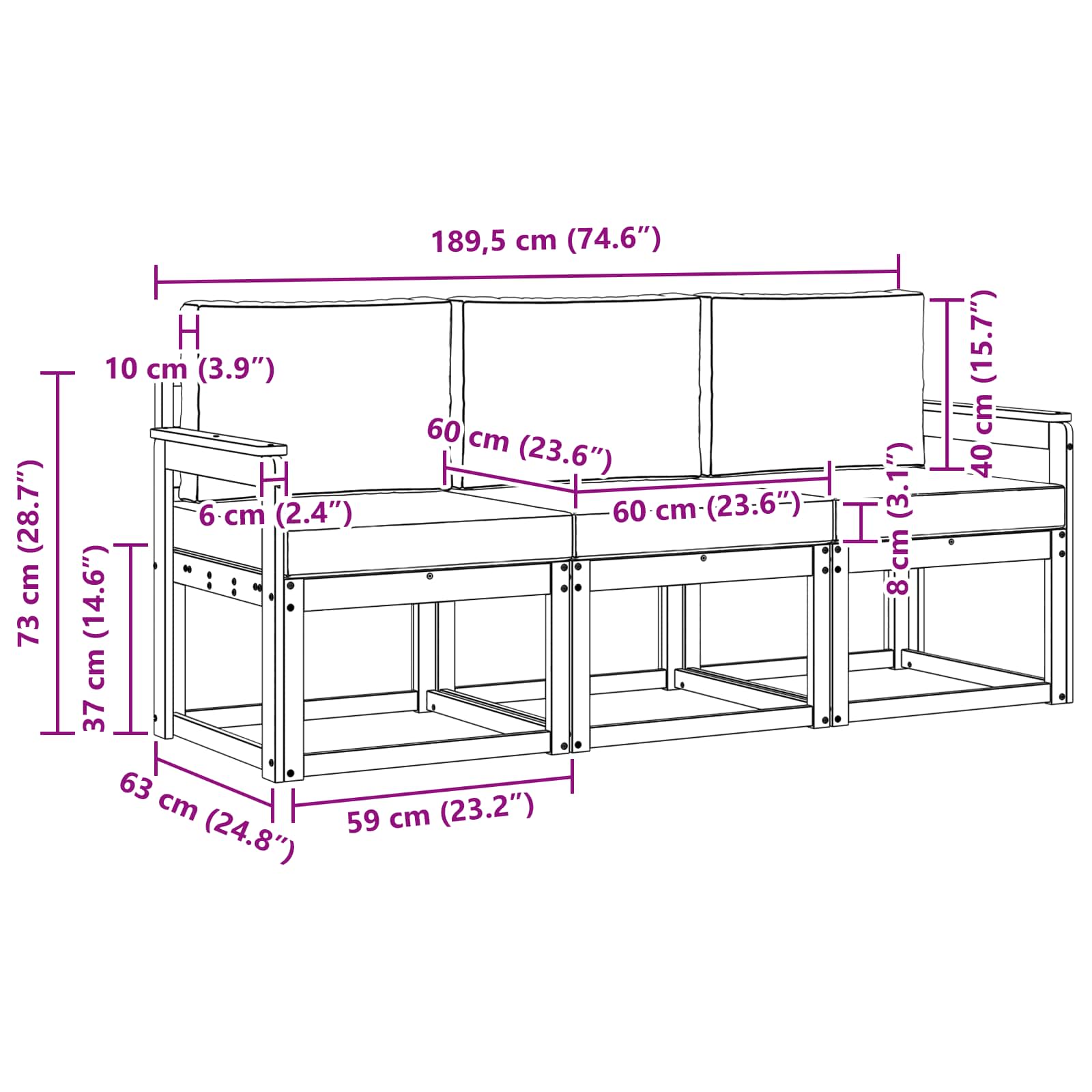 Outdoor-Sofagarnitur mit Kissen 3 pcs Natur und Anthrazit