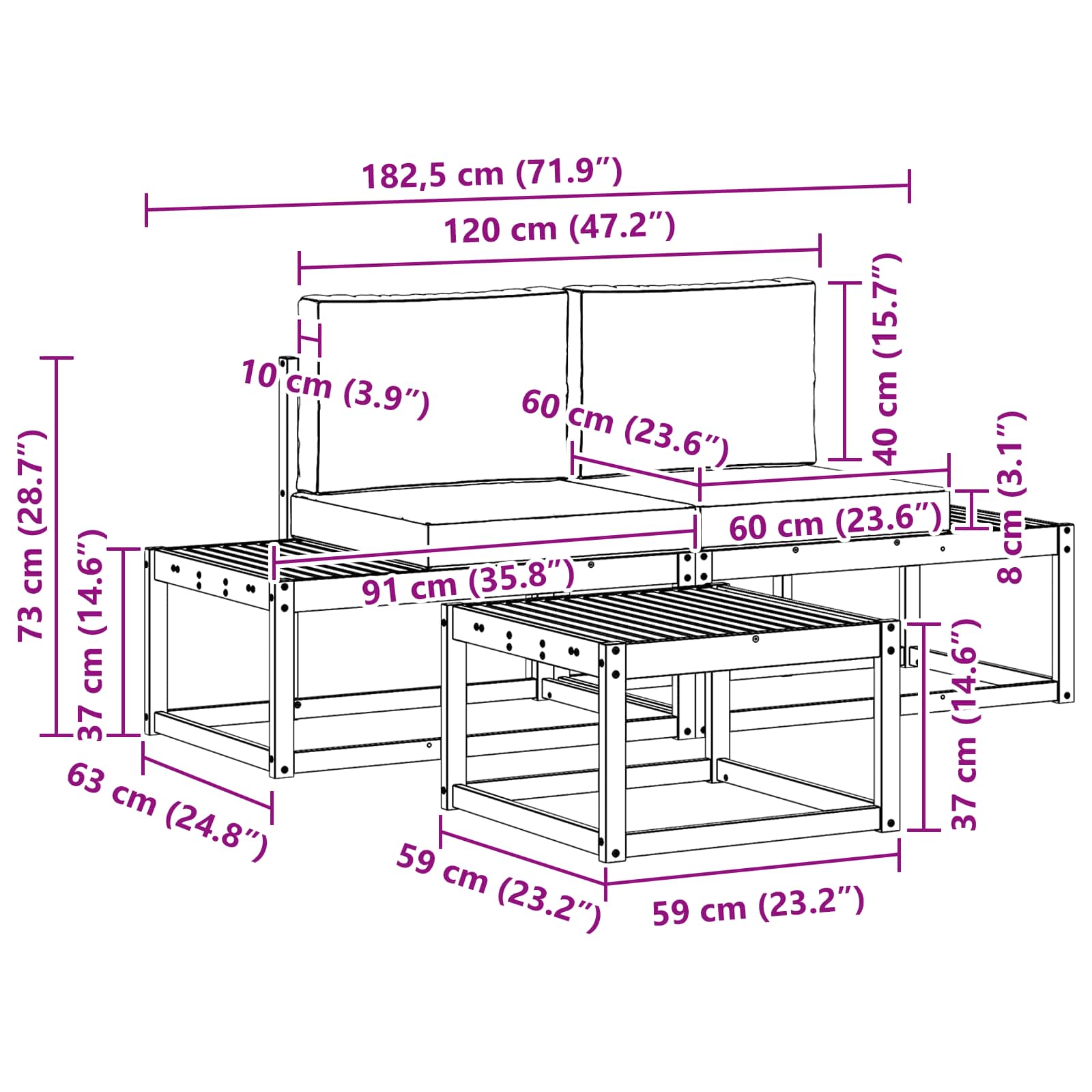 Outdoor-Sofagarnitur mit Kissen 3 pcs Natur