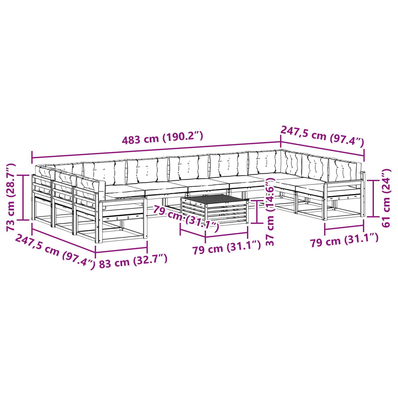 Outdoor-Sofagarnitur mit Kissen 11 pcs Natur und Anthrazit