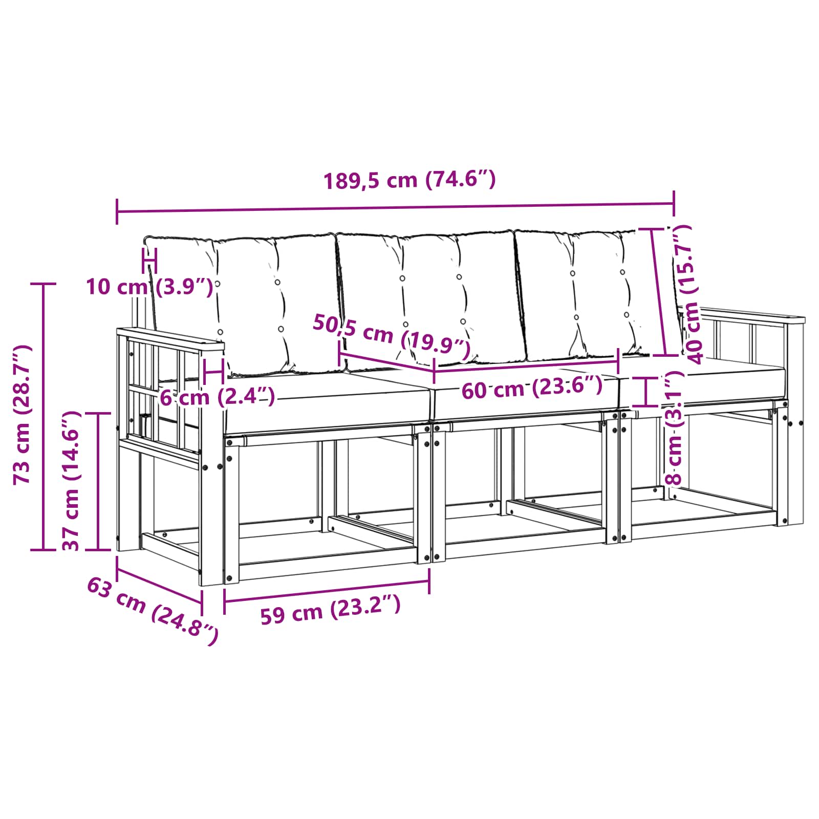 Outdoor-Sofagarnitur mit Kissen 3 pcs Natur und Creme