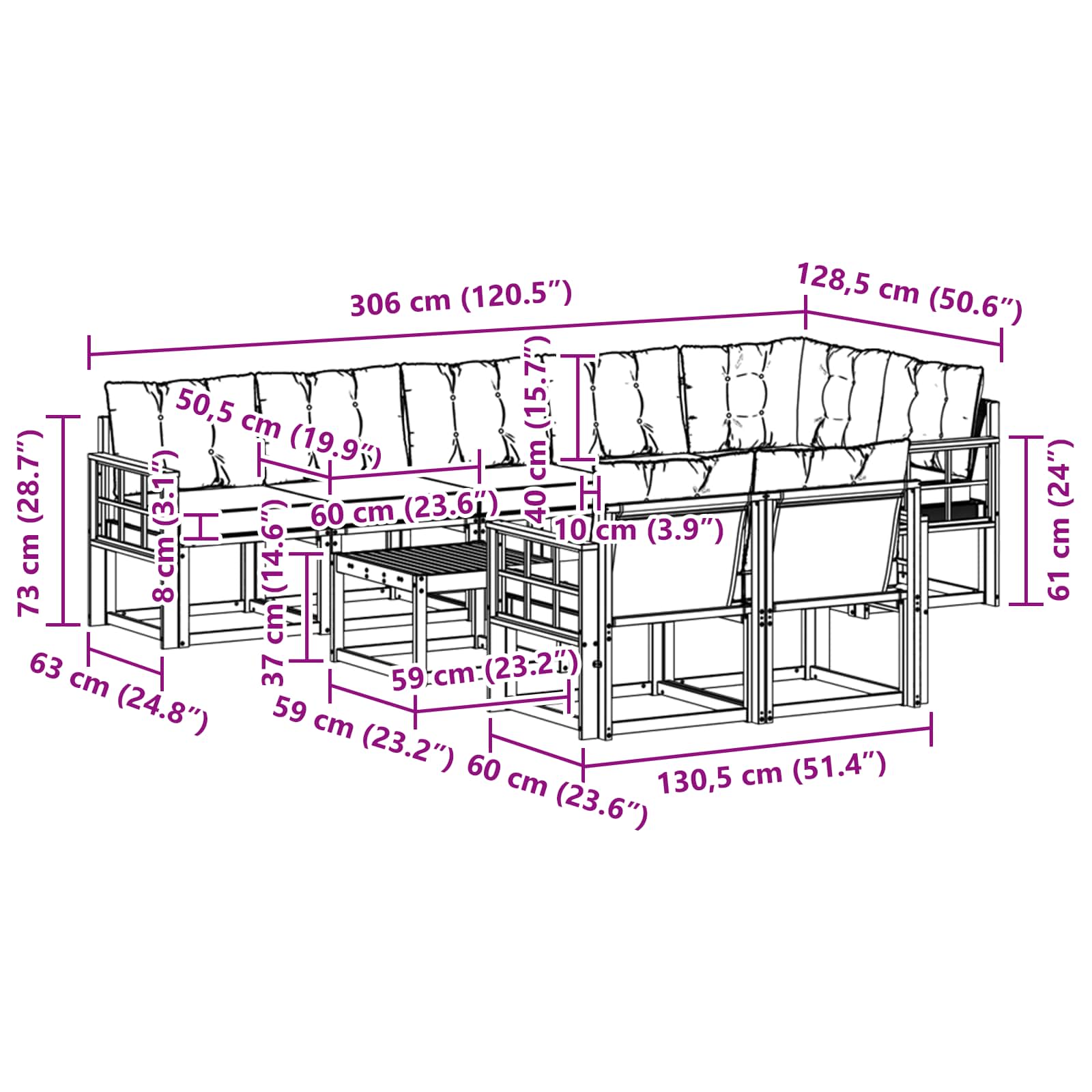 Outdoor-Sofagarnitur mit Kissen 9 pcs Natürlich und Hellgrau