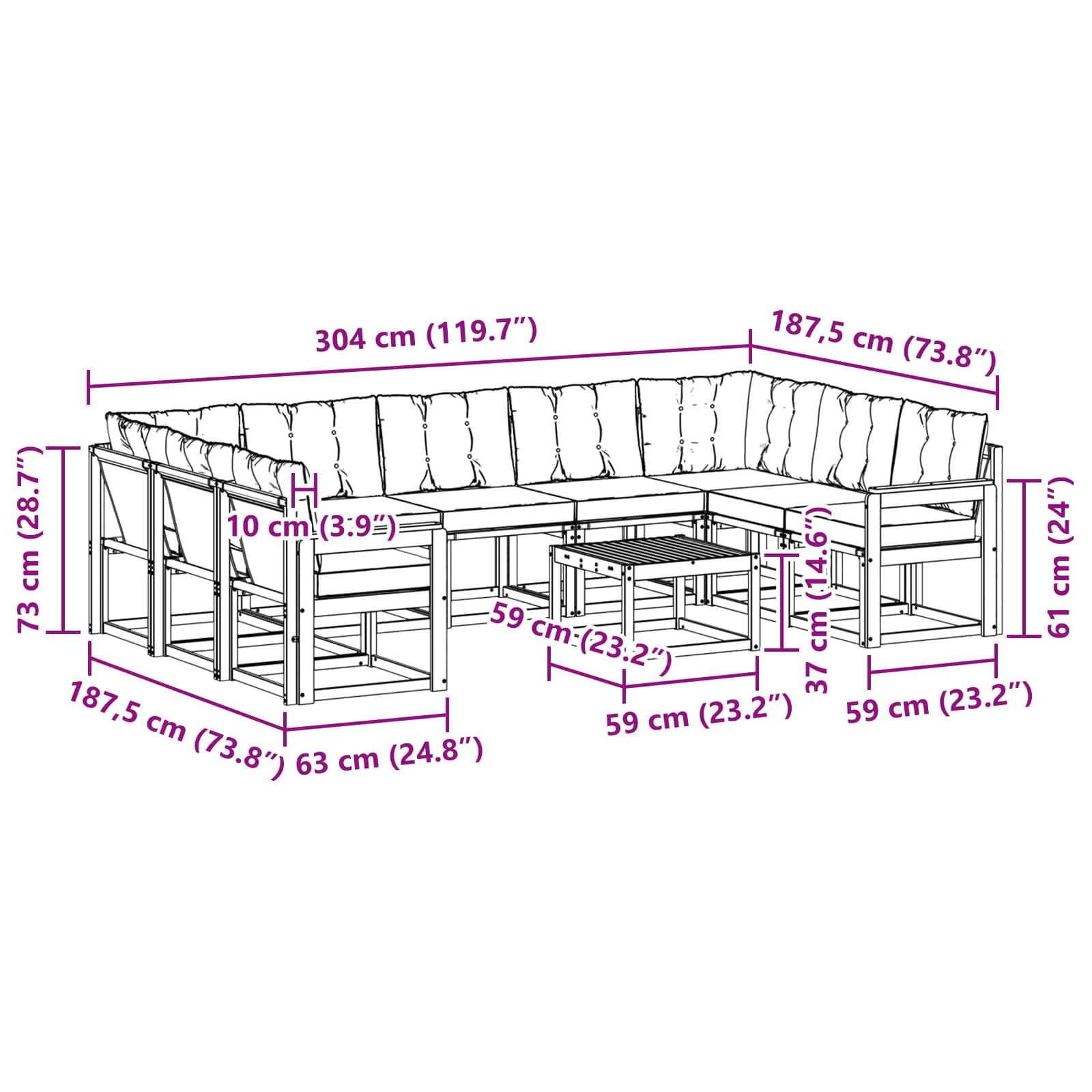 Outdoor-Sofagarnitur mit Kissen 10 pcs Natürlich und Schwarz