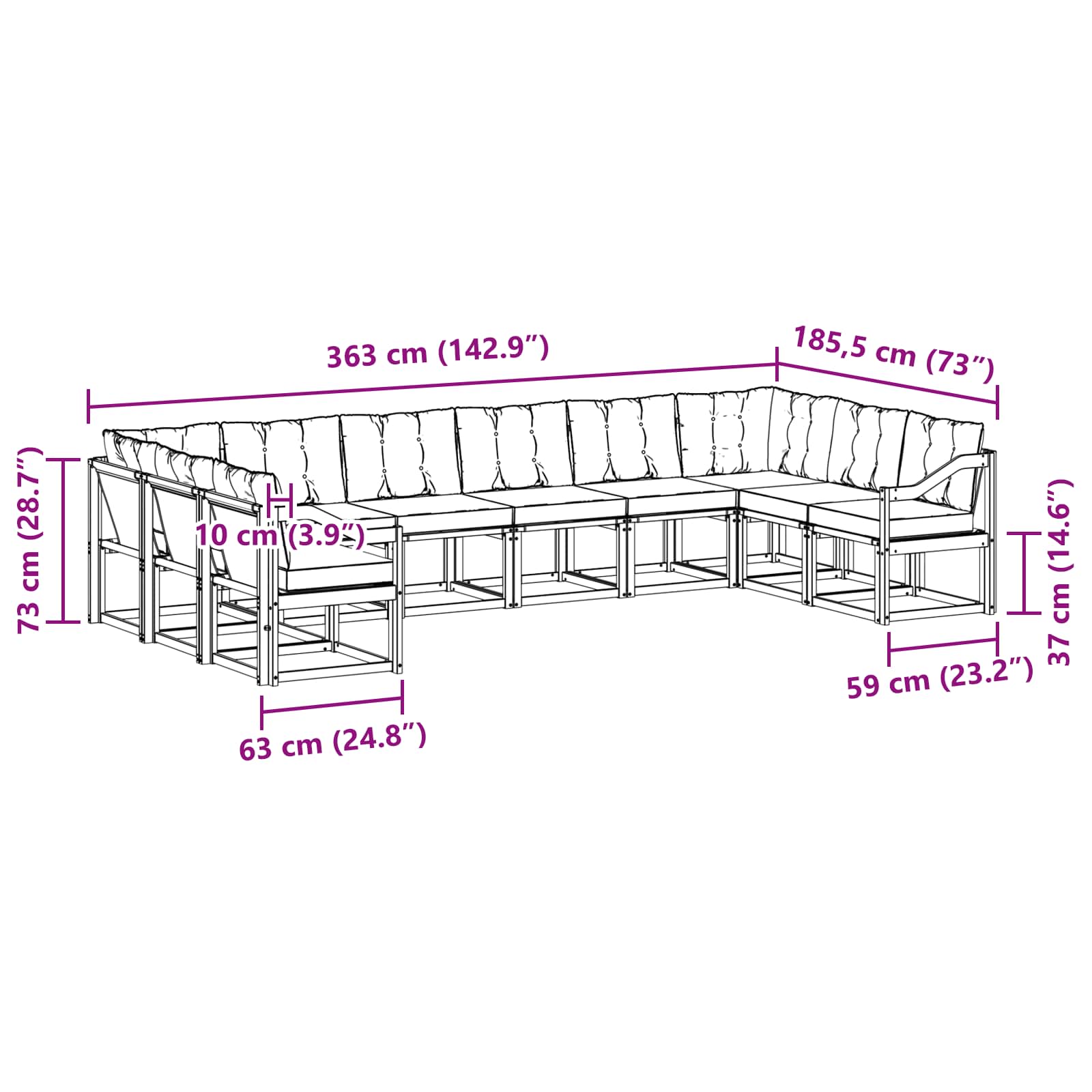 Outdoor-Sofagarnitur mit Kissen 10 pcs Natürlich und Schwarz