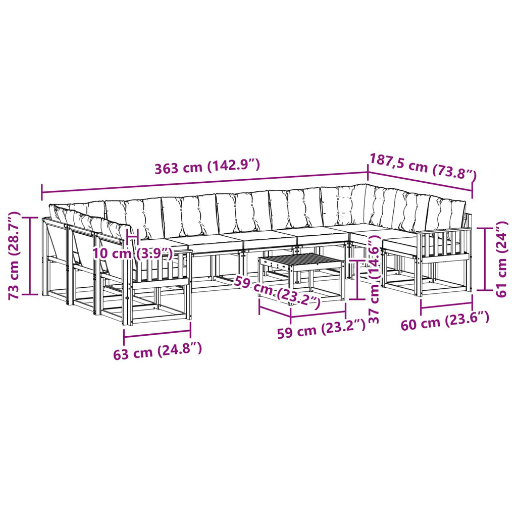 Outdoor-Sofagarnitur mit Kissen 11 pcs Natürlich und Schwarz