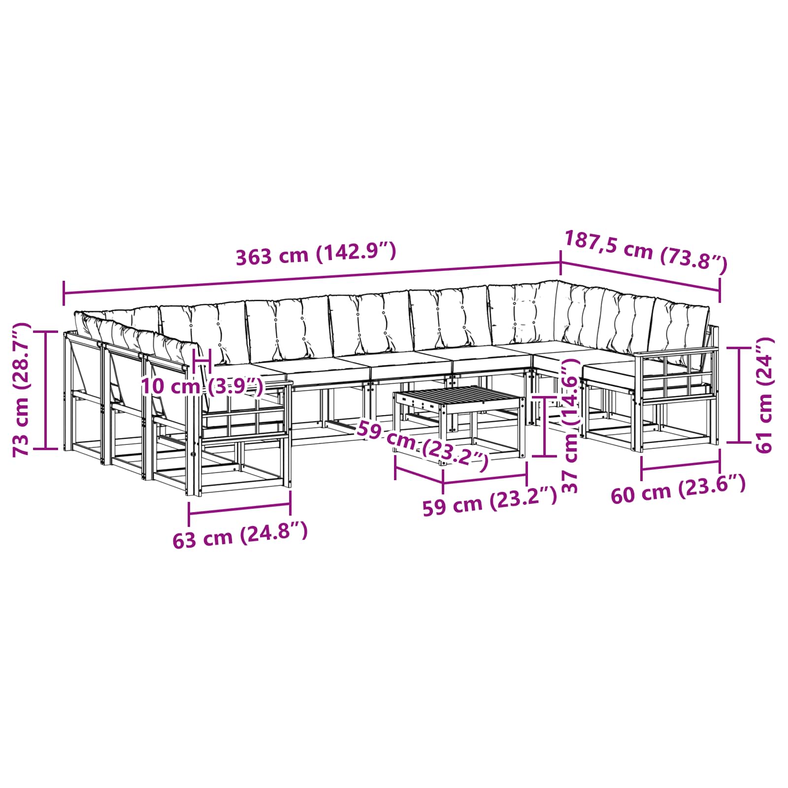 Outdoor-Sofagarnitur mit Kissen 11 pcs Natur und Creme