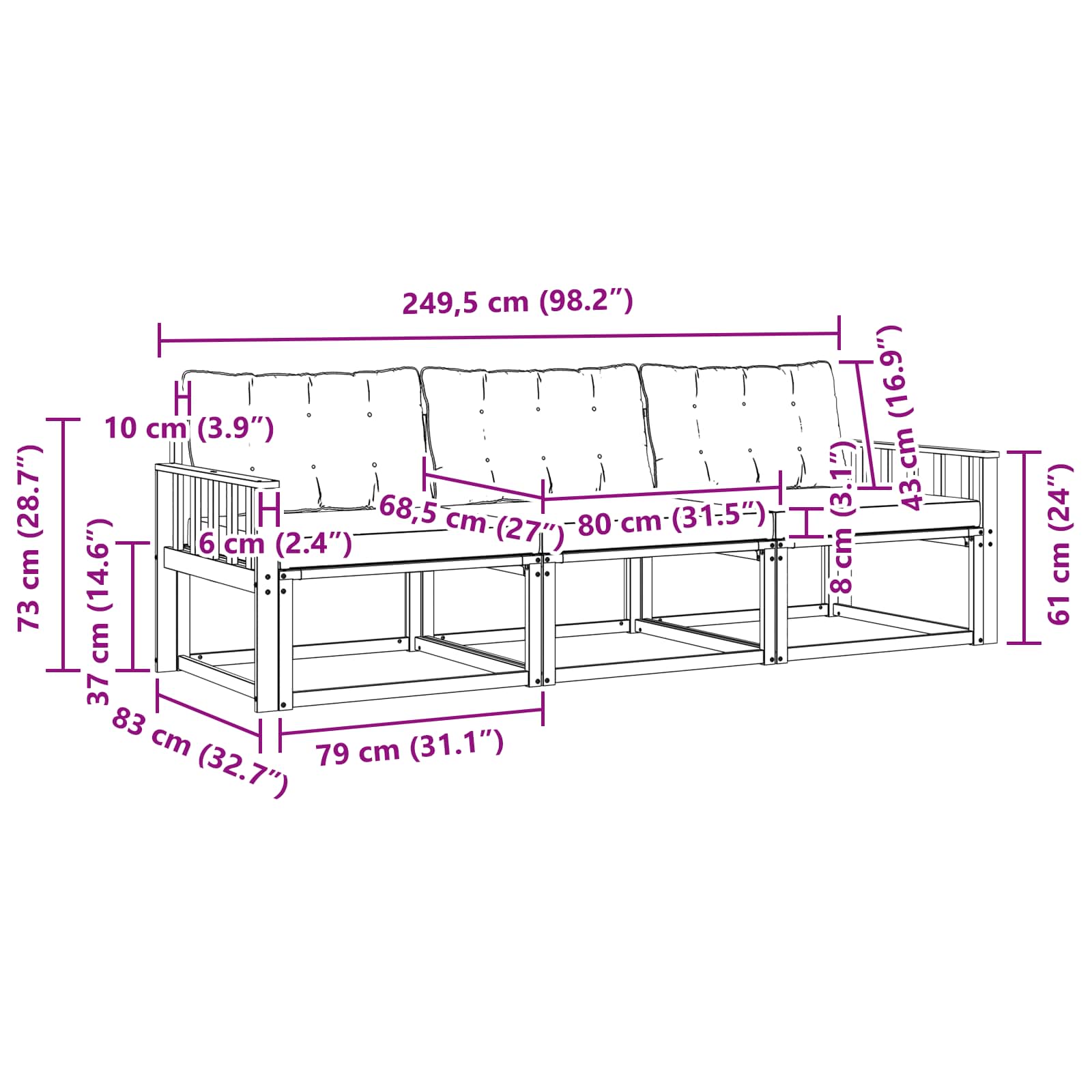 Outdoor-Sofagarnitur mit Kissen 3 pcs Natürlich und Schwarz