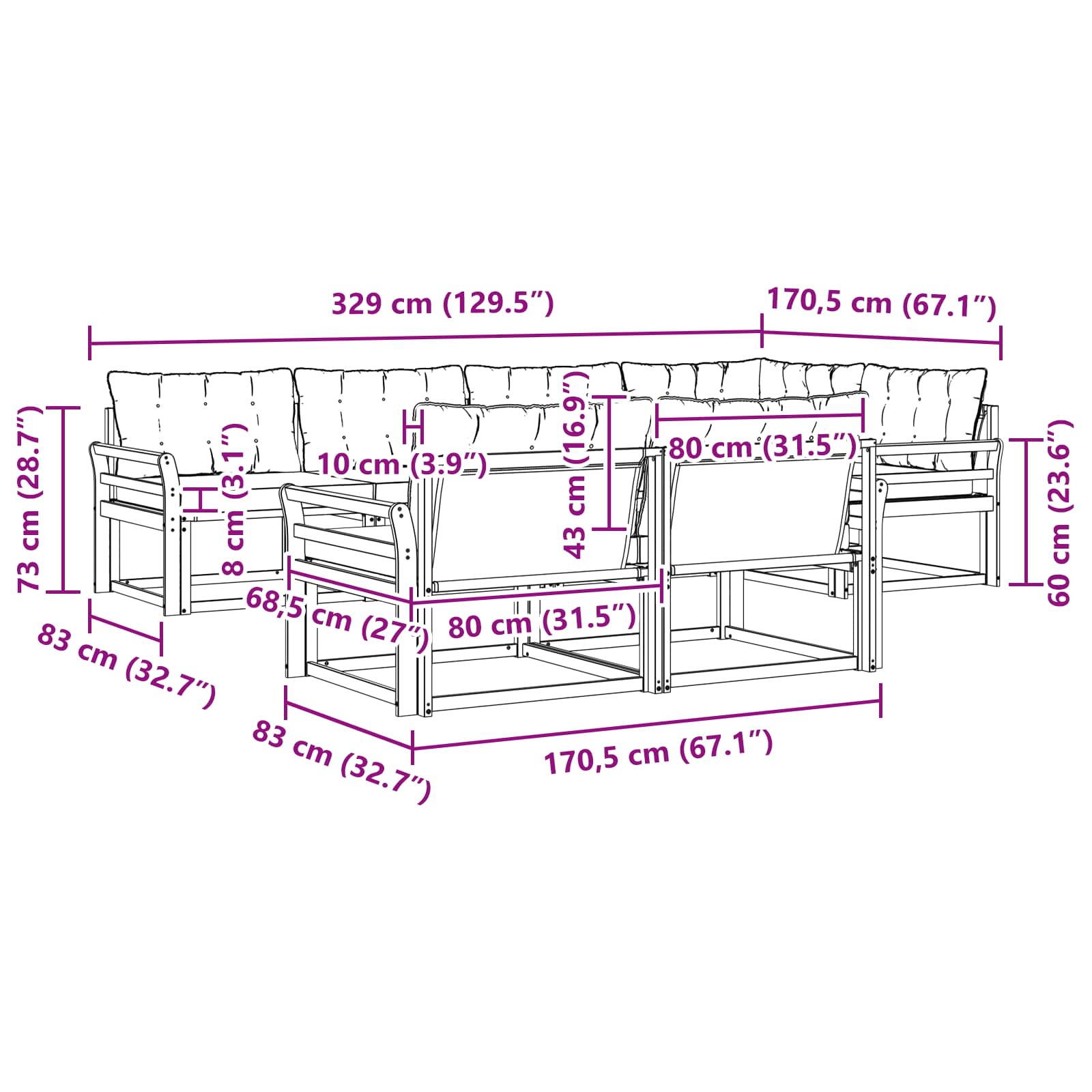 Outdoor-Sofagarnitur mit Kissen 7 pcs Natürlich und Hellgrau