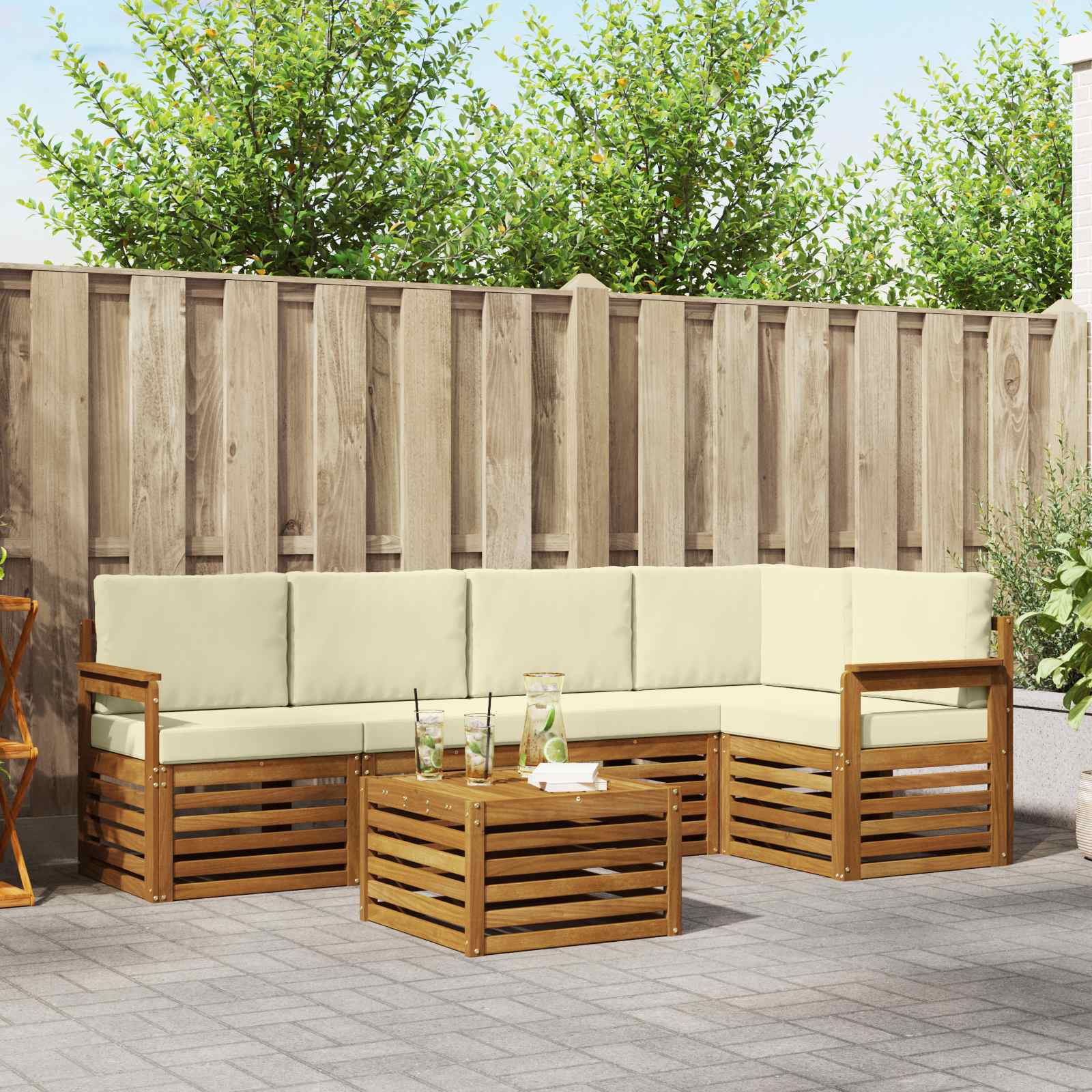 Ecksofa Set mit Kissen 6 pcs Natur und Creme Massivholz Akazie