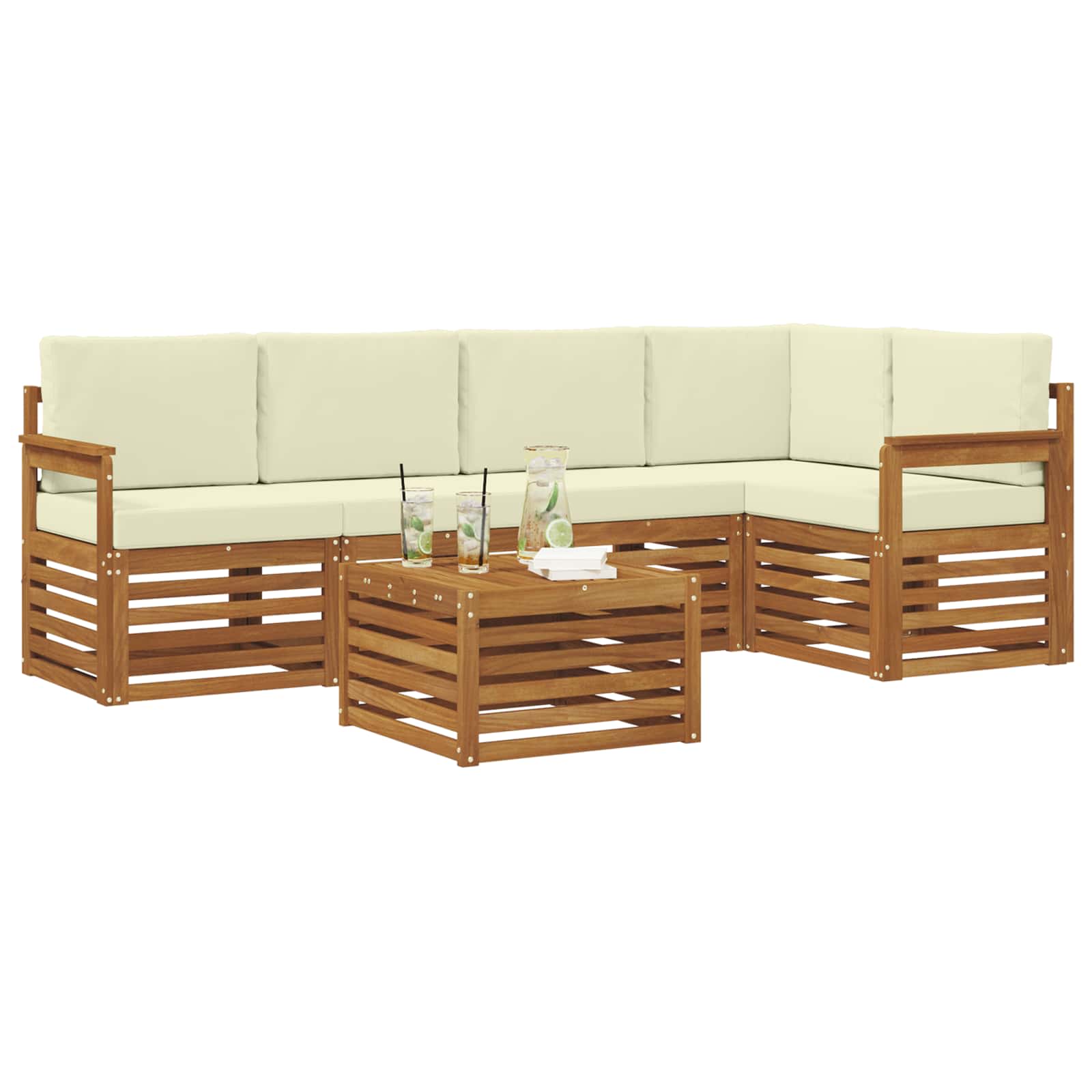 Ecksofa Set mit Kissen 6 pcs Natur und Creme Massivholz Akazie