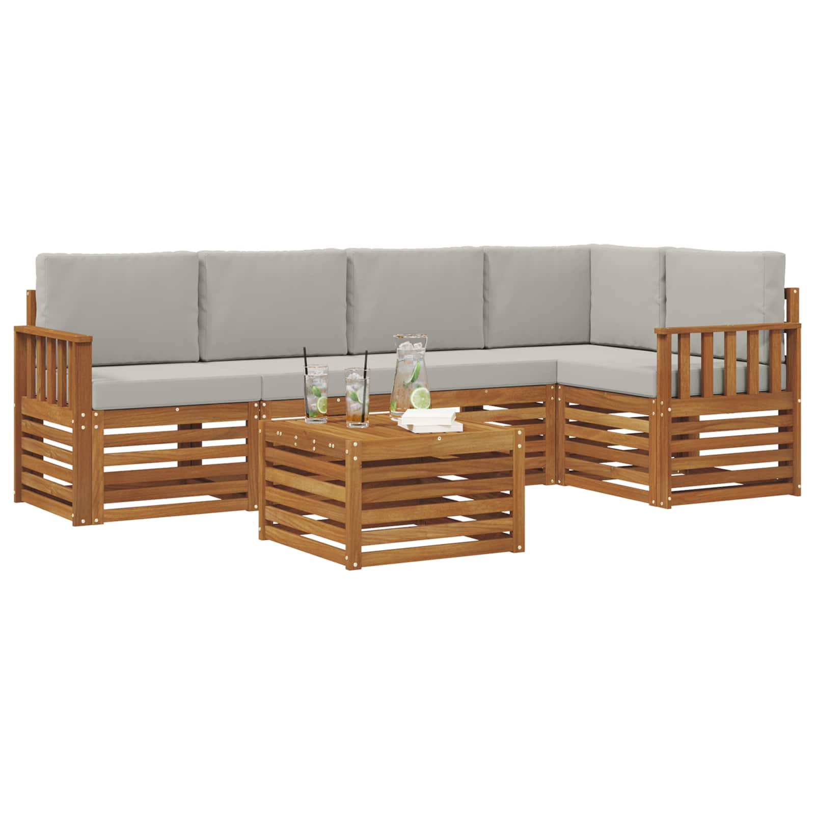Ecksofa Set 6 pcs Natürlich und Hellgrau Massivholz Akazie