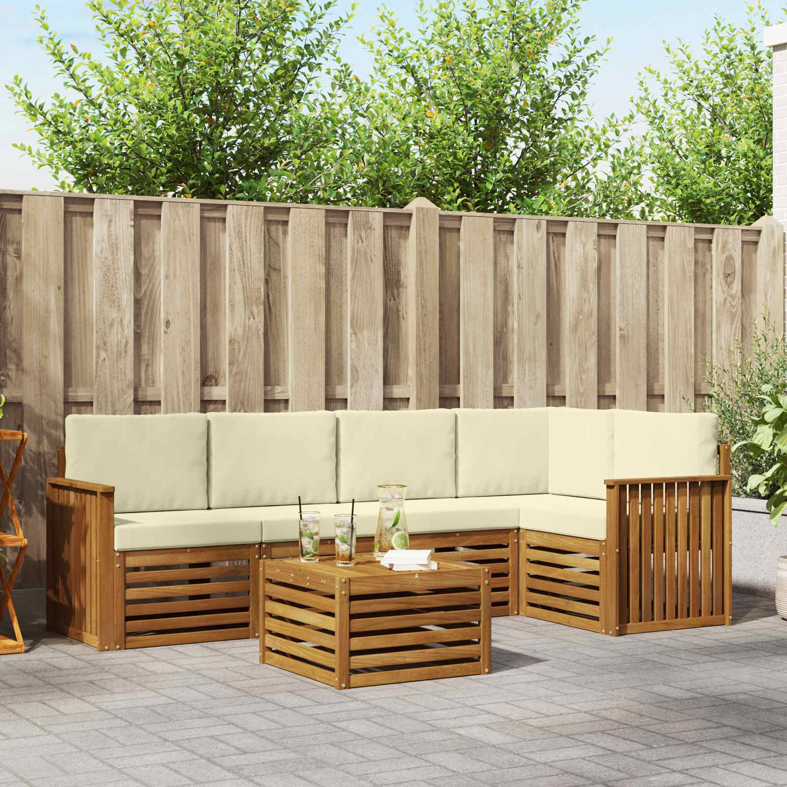 Ecksofa Set mit Kissen 6 pcs Natur und Creme Massivholz Akazie