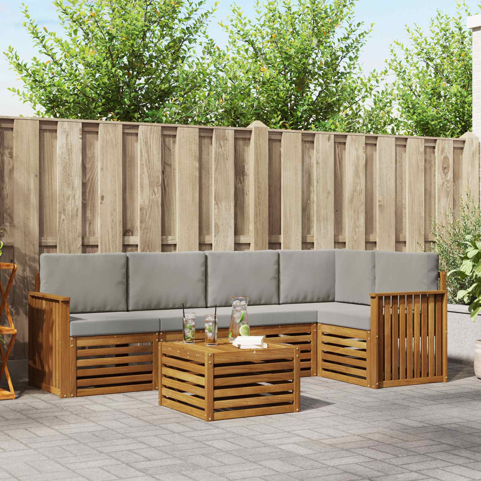 Ecksofa Set 6 pcs Natürlich und Hellgrau Massivholz Akazie