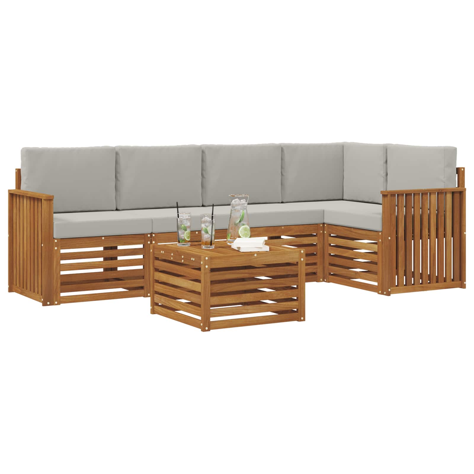 Ecksofa Set 6 pcs Natürlich und Hellgrau Massivholz Akazie