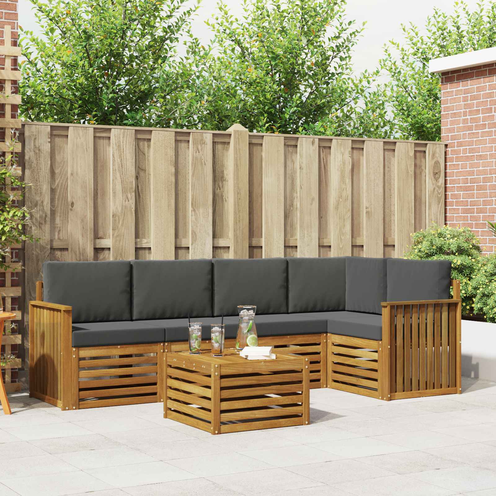 Ecksofa Set 6 pcs Natur und Anthrazit Massivholz Akazie