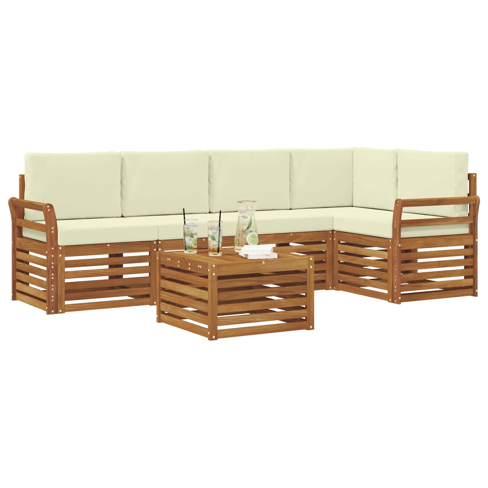 Ecksofa Set mit Kissen 6 pcs Natur und Creme Massivholz Akazie