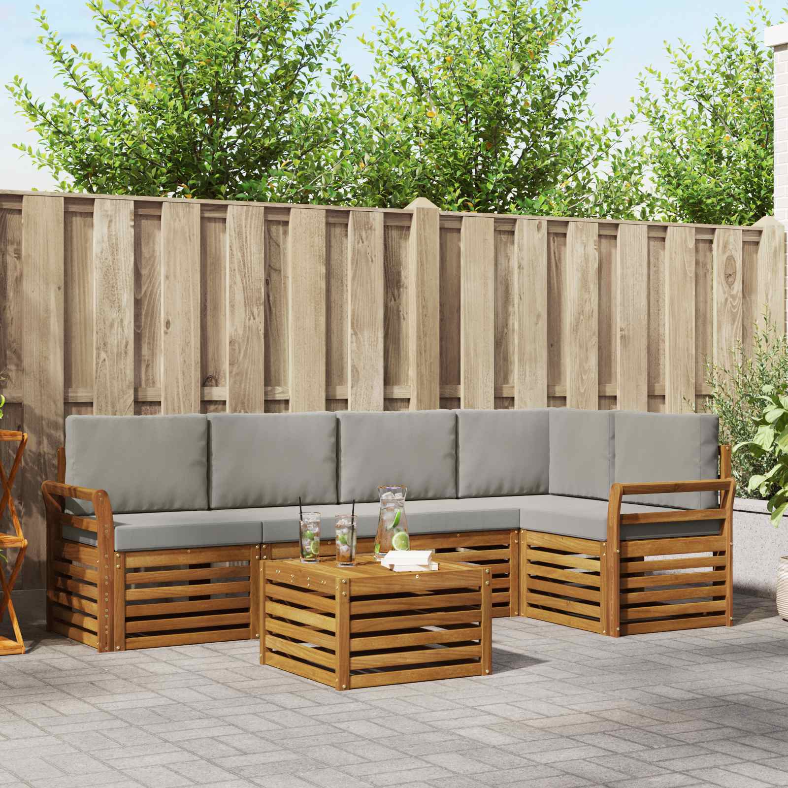 Ecksofa Set 6 pcs Natürlich und Hellgrau Massivholz Akazie